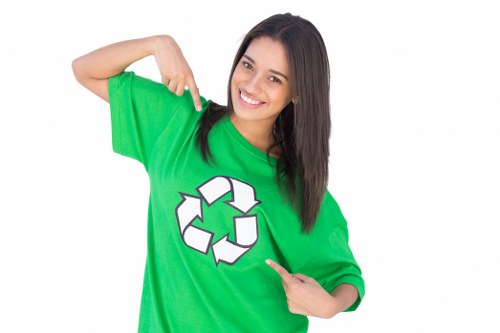 A young woman with long dark hair, smiling and wearing a bright green T-shirt featuring a white recycling symbol, is pointing to the symbol with her right hand and giving a thumbs-up with her left hand. The background is plain white, emphasizing her friendly expression and the clear message of recycling. The image conveys environmental awareness and sustainability themes, which are relevant to waste management and rubbish removal services in Haringey. The woman's casual pose and cheerful demeanor contribute to a positive and approachable visual. There are no additional objects, textures, or environmental elements visible in the image, making it a focused depiction of the recycling concept associated with responsible waste disposal and environmentally conscious rubbish removal practices, such as those offered by Garden Clearance Haringey.
